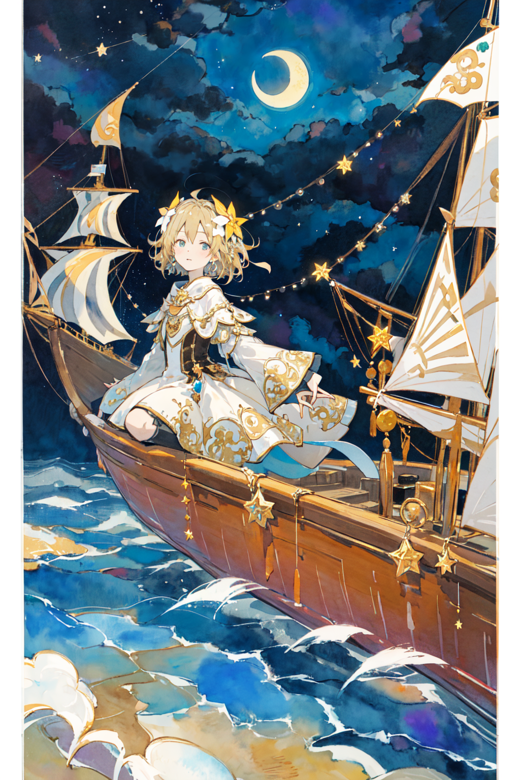 00044-4232521549-transparent, watercolor, impasto, fairy tale, 1girl, night, star river, half-moon-shaped boat,short hair, blonde hair, solo, dre.png
